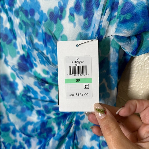 DKNY Blue Floral Women's Dress Faux Wrap Balloon Sleeves Size 8P - Picture 6 of 9